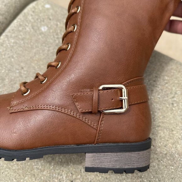 New Tan Lace-Up Military Combat Moto Boots Knee High Low Block Heel Lug Platform - Picture 6 of 6
